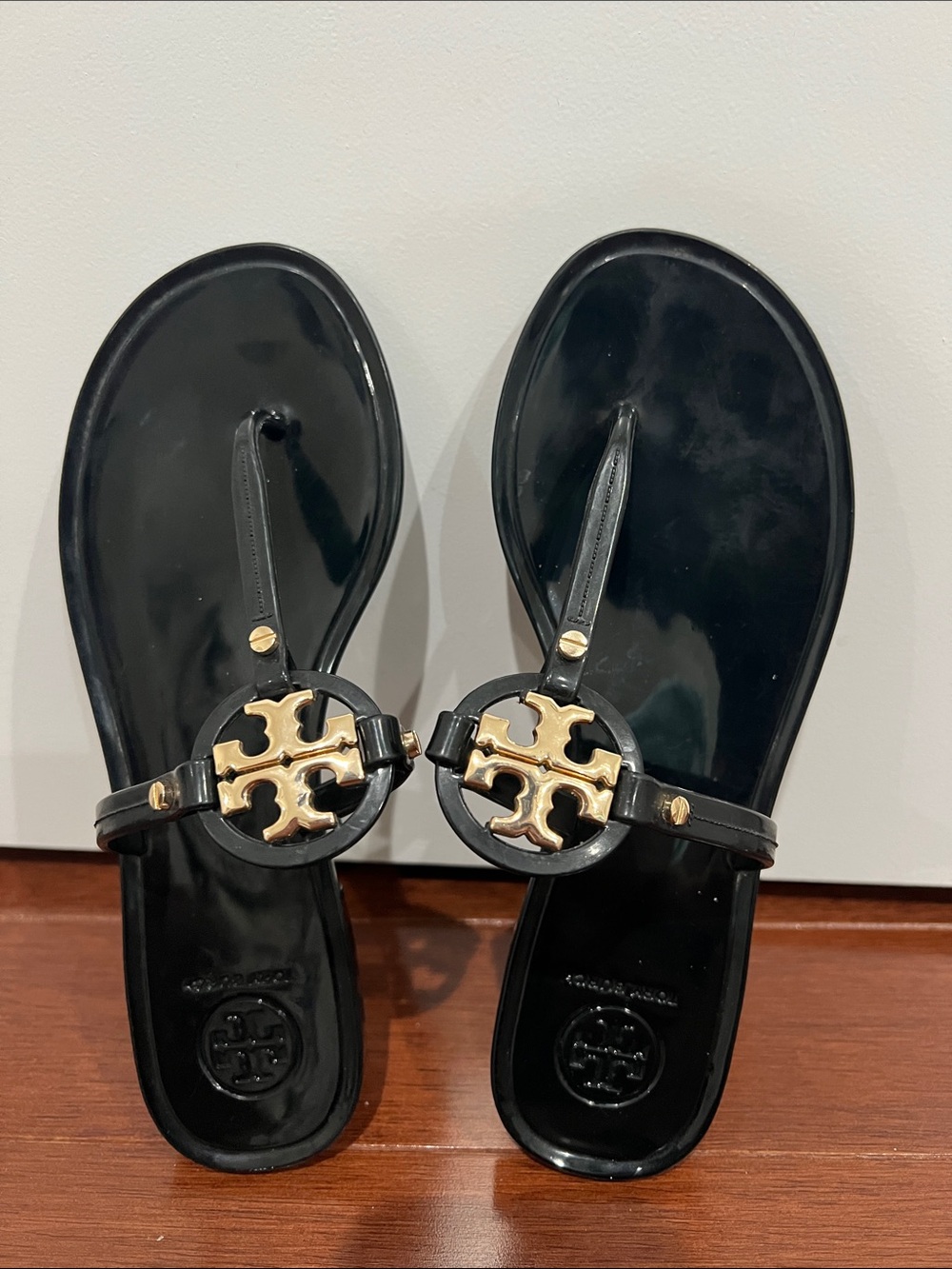 Tory Burch Black Jelly Thong Sandals with Gold Logo